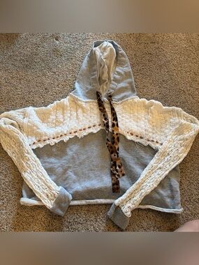 gimmicks by BKE Gray and White Crochet-Panel Hoodie with Leopard Drawstrings
